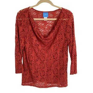 Lash Lane Orange Eyelet Scoop Neck Three Quarter length Sleeve Top L